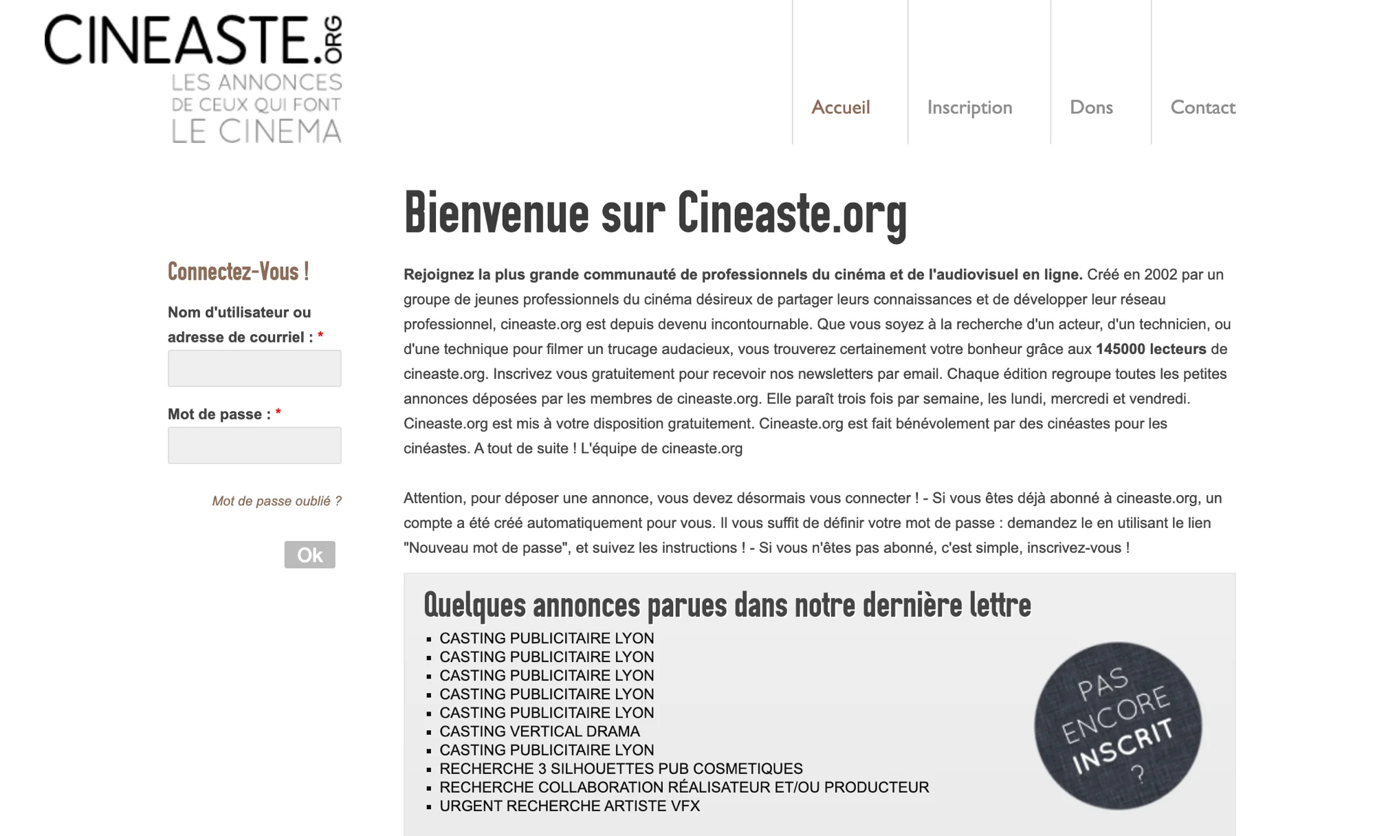 Homepage cinéaste.org : interface vintage avec accroche "Les annonces de ceux qui font le cinéma", formulaire de connexion à gauche, derniers castings publicitaires et recherches techniques listés à droite