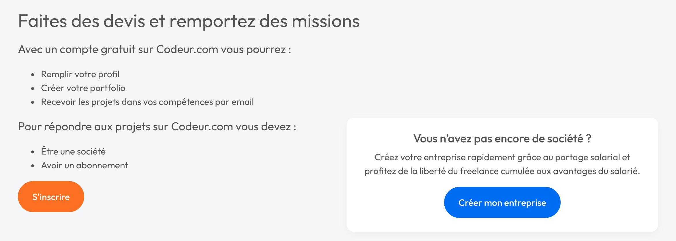 Page officielle de Codeur.com destinée aux prestataires. Avec un compte gratuit, on peut remplir son profil, créer son portfolio et recevoir les projets par email. Pour répondre aux projets, deux conditions sont exigées : être une société et avoir un abonnement. Un encart propose le portage salarial à ceux qui n'ont pas de société. Relevé du 9 août 2026.