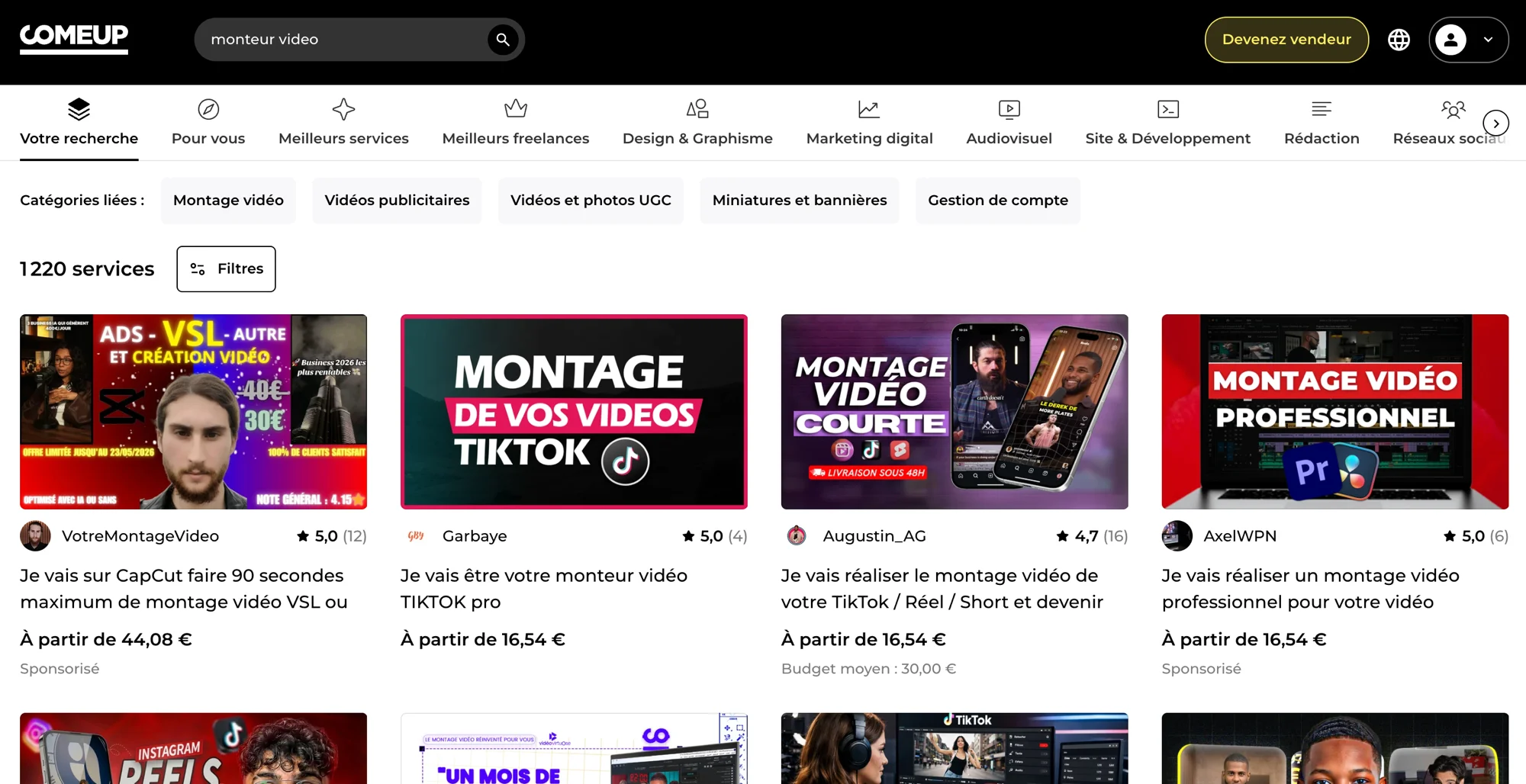 Recherche "monteur vidéo" sur ComeUp : 1 220 services listés, profils très hétérogènes mêlant TikTok, VSL, motion design et tarifs de 16 à 44 €
