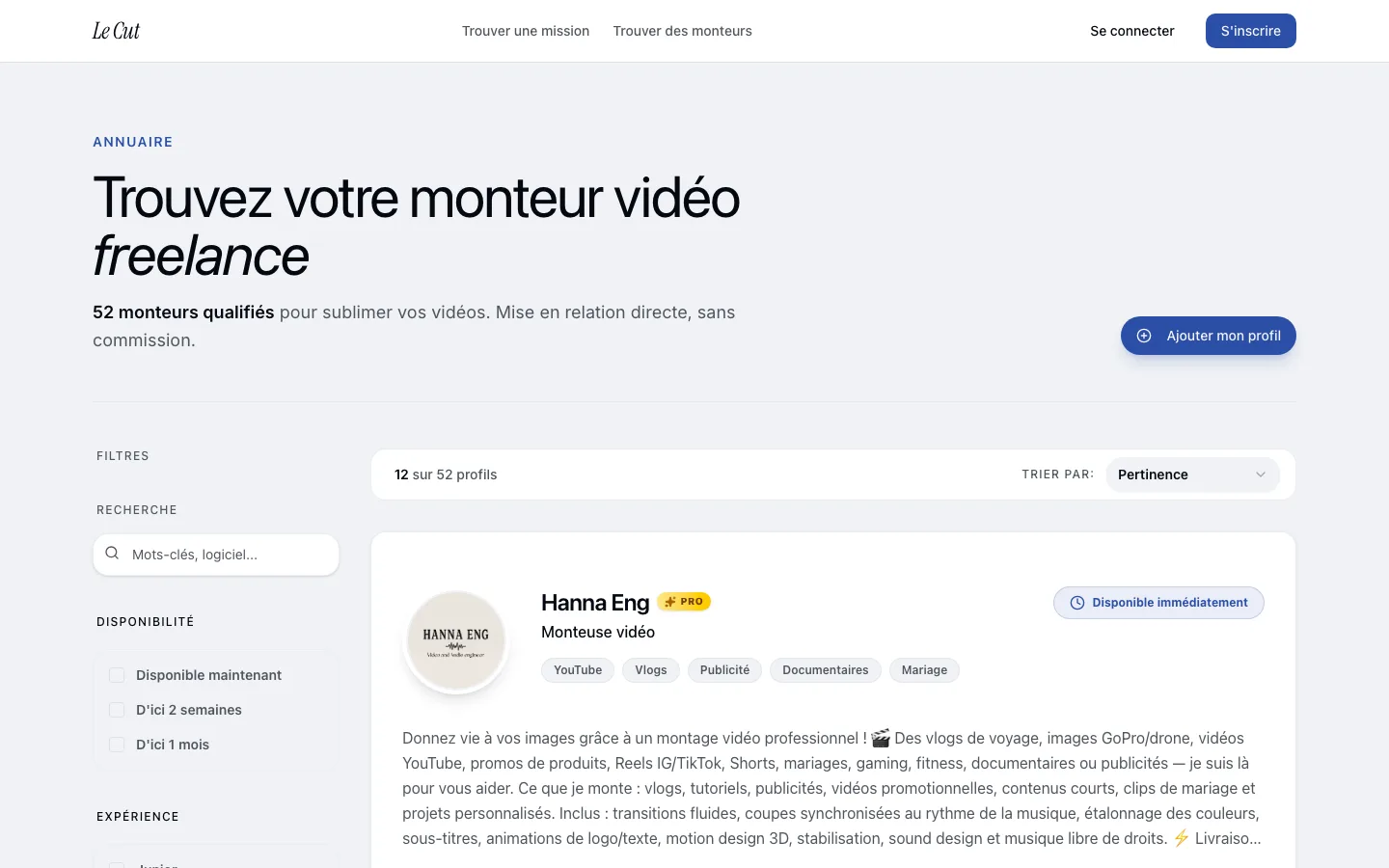 Capture d'écran de la page Le Cut /editors avec les filtres par spécialité visibles à gauche