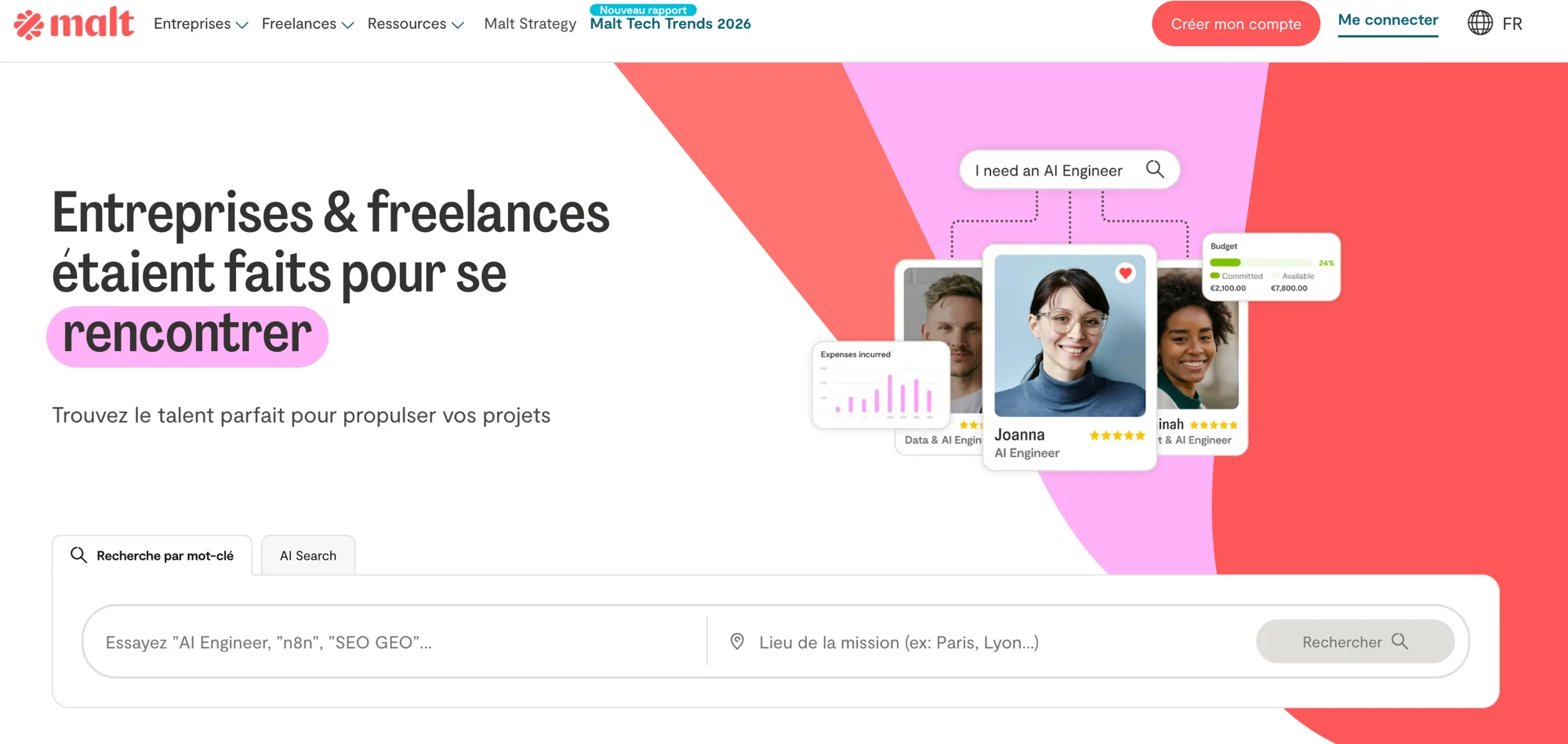 Homepage Malt mettant en avant des profils d'AI Engineer et des recherches type "AI Engineer", "n8n", "SEO GEO" — le positionnement de la plateforme est clairement tech, pas vidéo